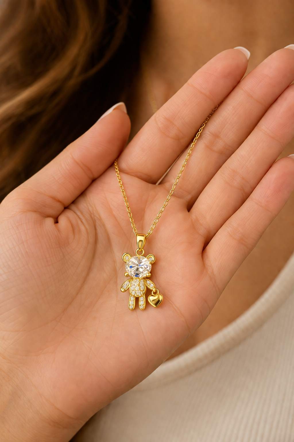 Golden Crystal Teddy Charm Anti Tarnish Stainless Steel Necklace