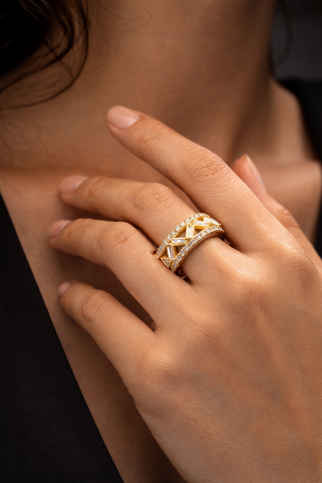 Crisscross Baguette Elegance Anti Tarnish Stainless Steel Ring