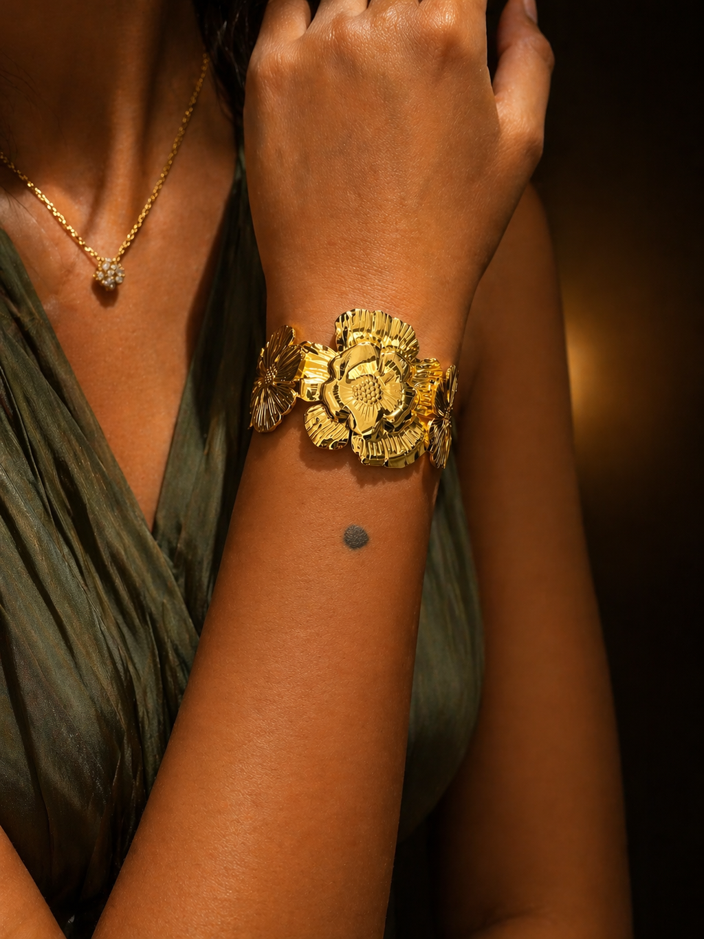 Golden Bloom Anti Tarnish Stainless Steel Floral Cuff Bracelet