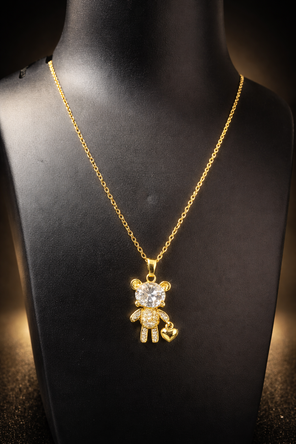 Golden Crystal Teddy Charm Anti Tarnish Stainless Steel Necklace