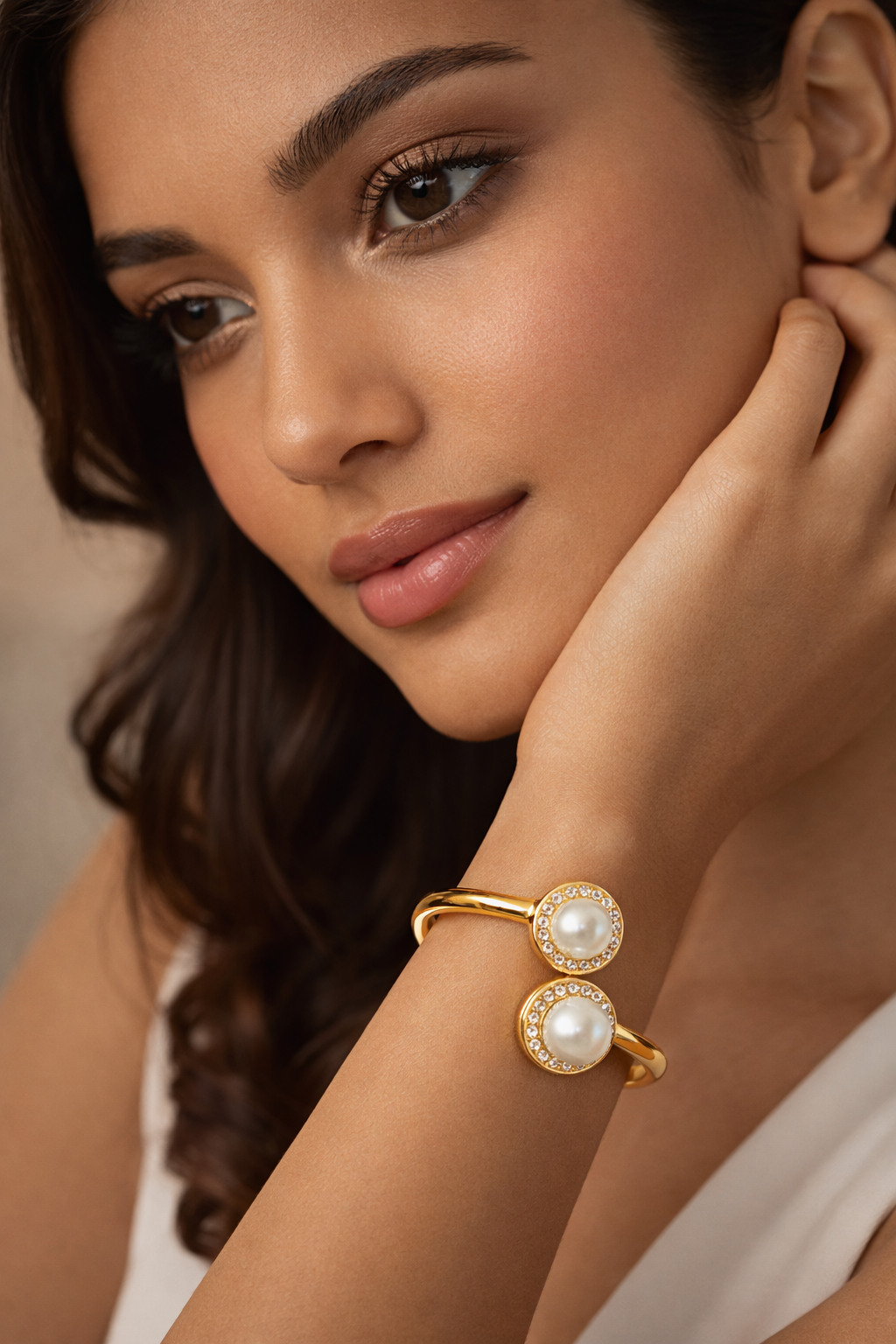 Premium Dual Pearl with Golden Shine Stainless Steel Anti-Tarnish Bracelet