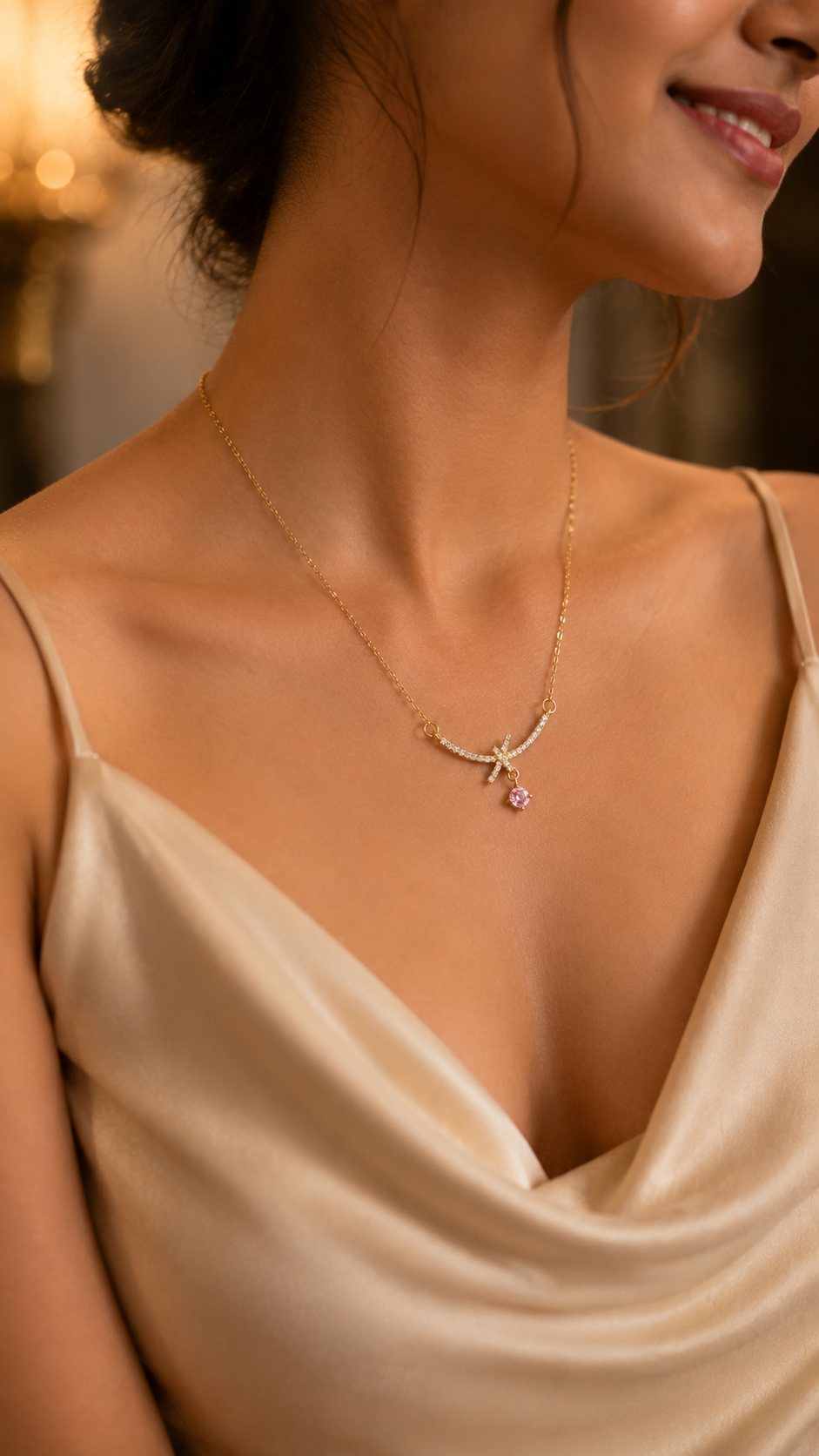 Lumière Bow Pink  – 316L Anti Tarnish AD Necklace