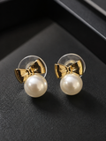 Pearl Bow 316L Anti Tarnish Gold Stud Earrings