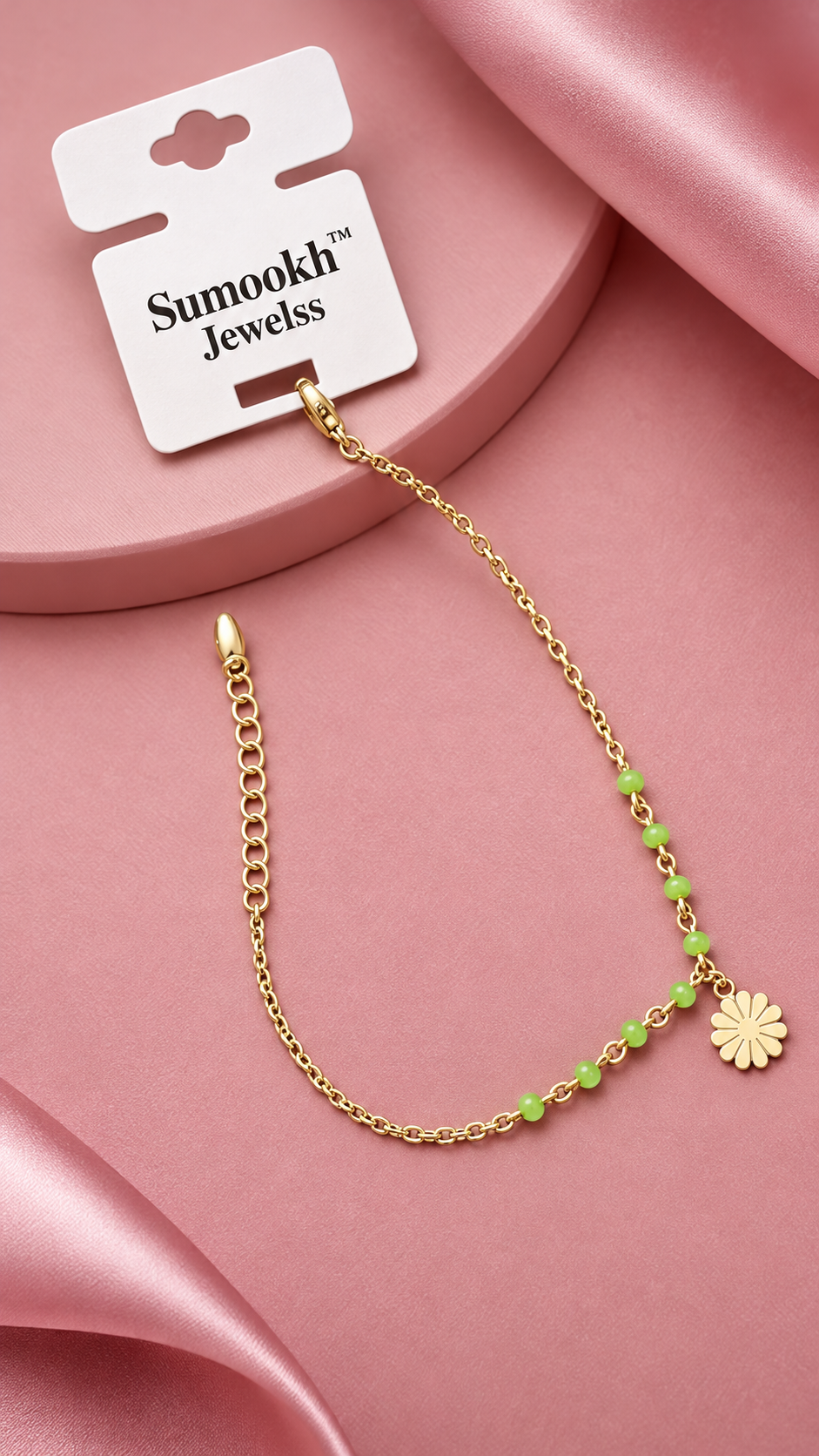 316L Anti-Tarnish Floral Charm Chain Bracelet with Green Beads