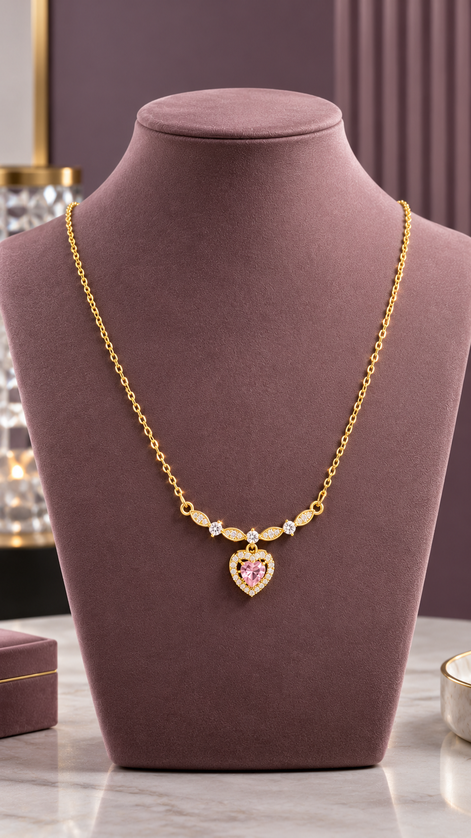 Pink Heart Pendant 316L Anti-Tarnish AD Necklace