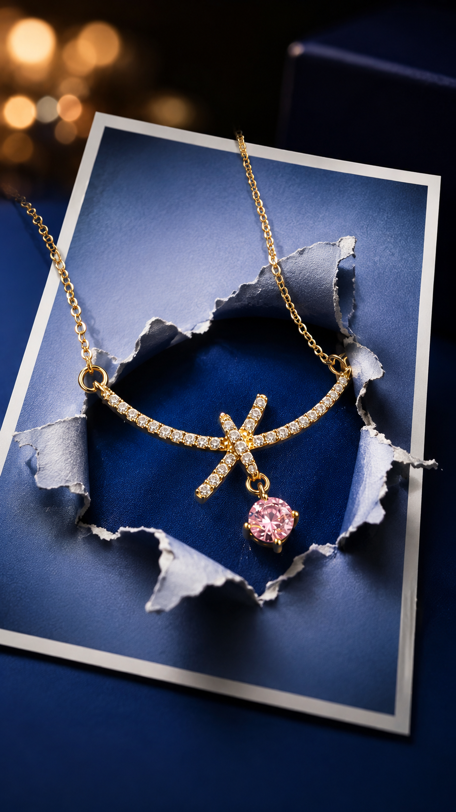 Lumière Bow Pink  – 316L Anti Tarnish AD Necklace