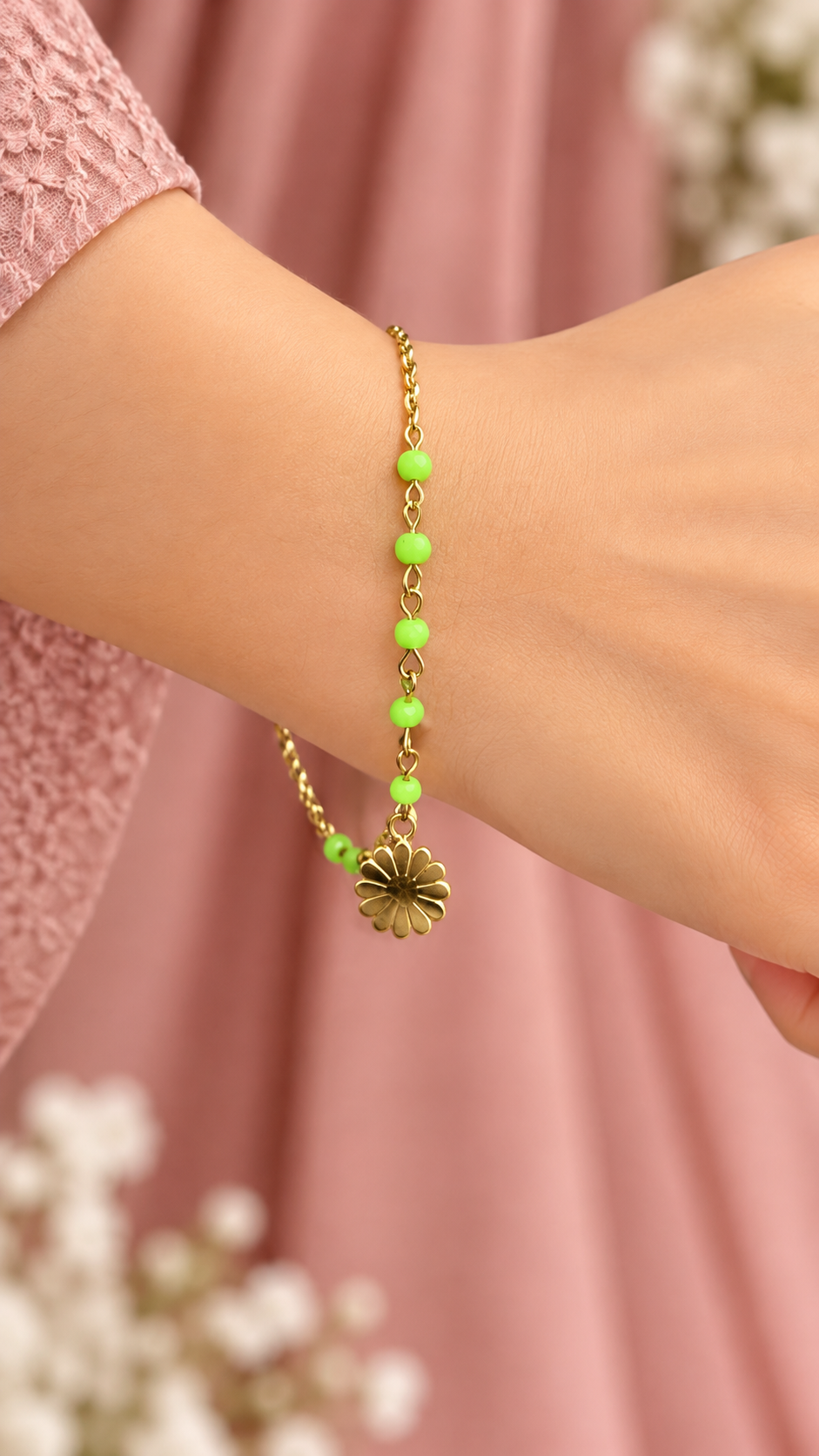 316L Anti-Tarnish Floral Charm Chain Bracelet with Green Beads