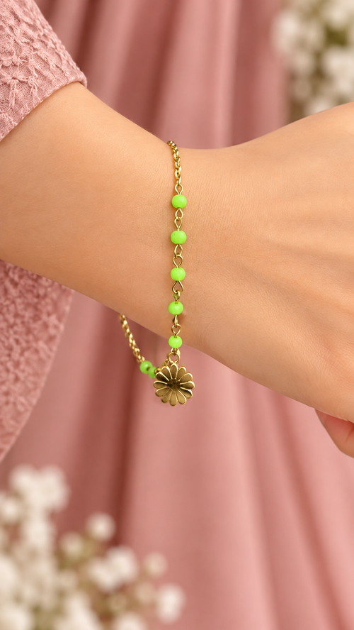 316L Anti-Tarnish Floral Charm Chain Bracelet with Green Beads