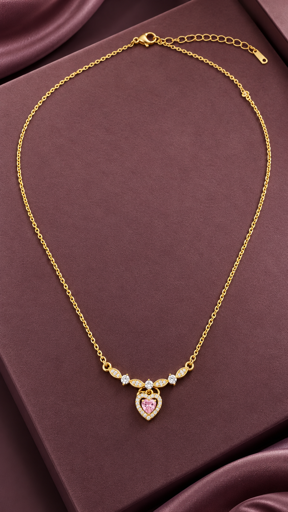 Pink Heart Pendant 316L Anti-Tarnish AD Necklace