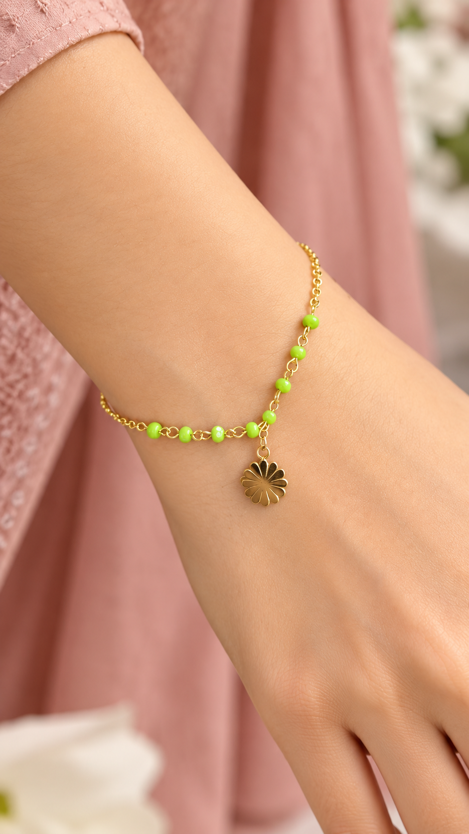 316L Anti-Tarnish Floral Charm Chain Bracelet with Green Beads