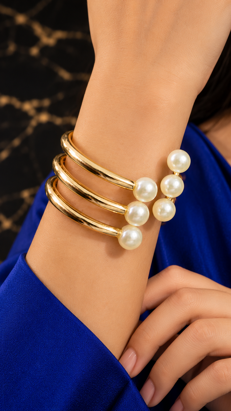 Pearl Trio Gold-Tone 316L Anti Tarnish Open Cuff Bracelet