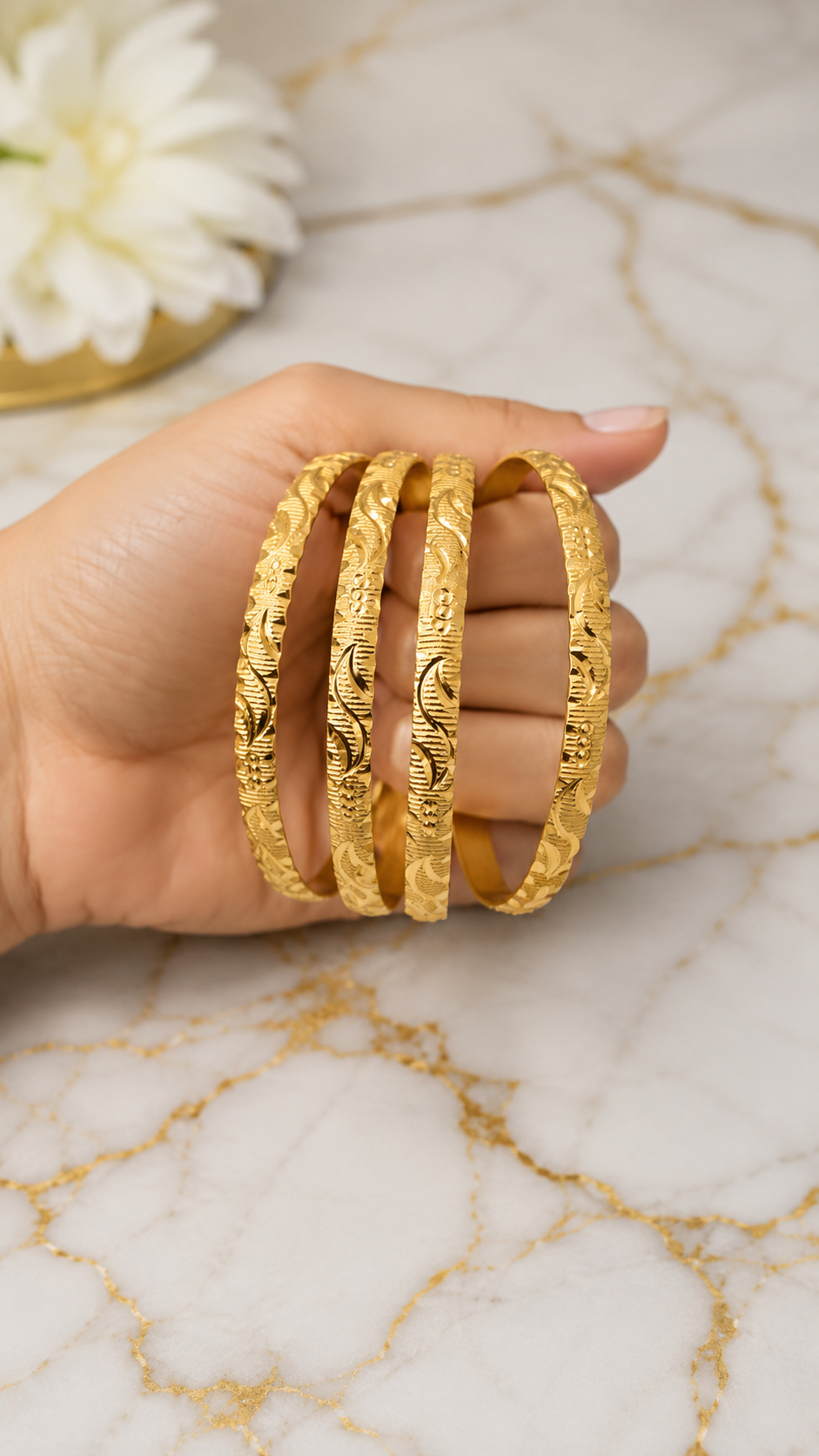 Royal Floral Engraved Anti Tarnish Stainless Steel Bangle Set