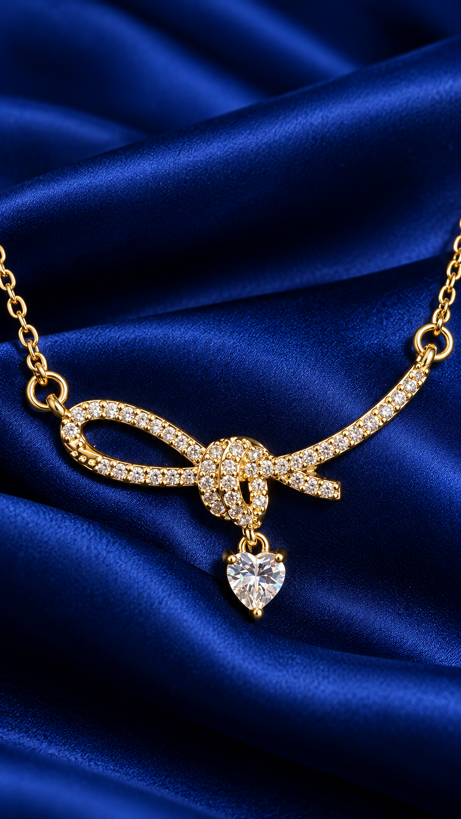 Golden Bow Heart Drop 316L Anti-Tarnish AD Necklace