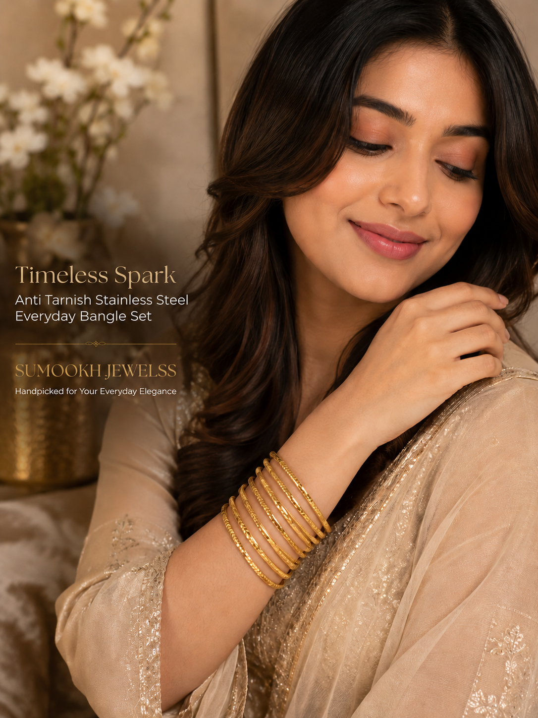 Timeless Spark Anti Tarnish Stainless Steel Textured Bangle Set