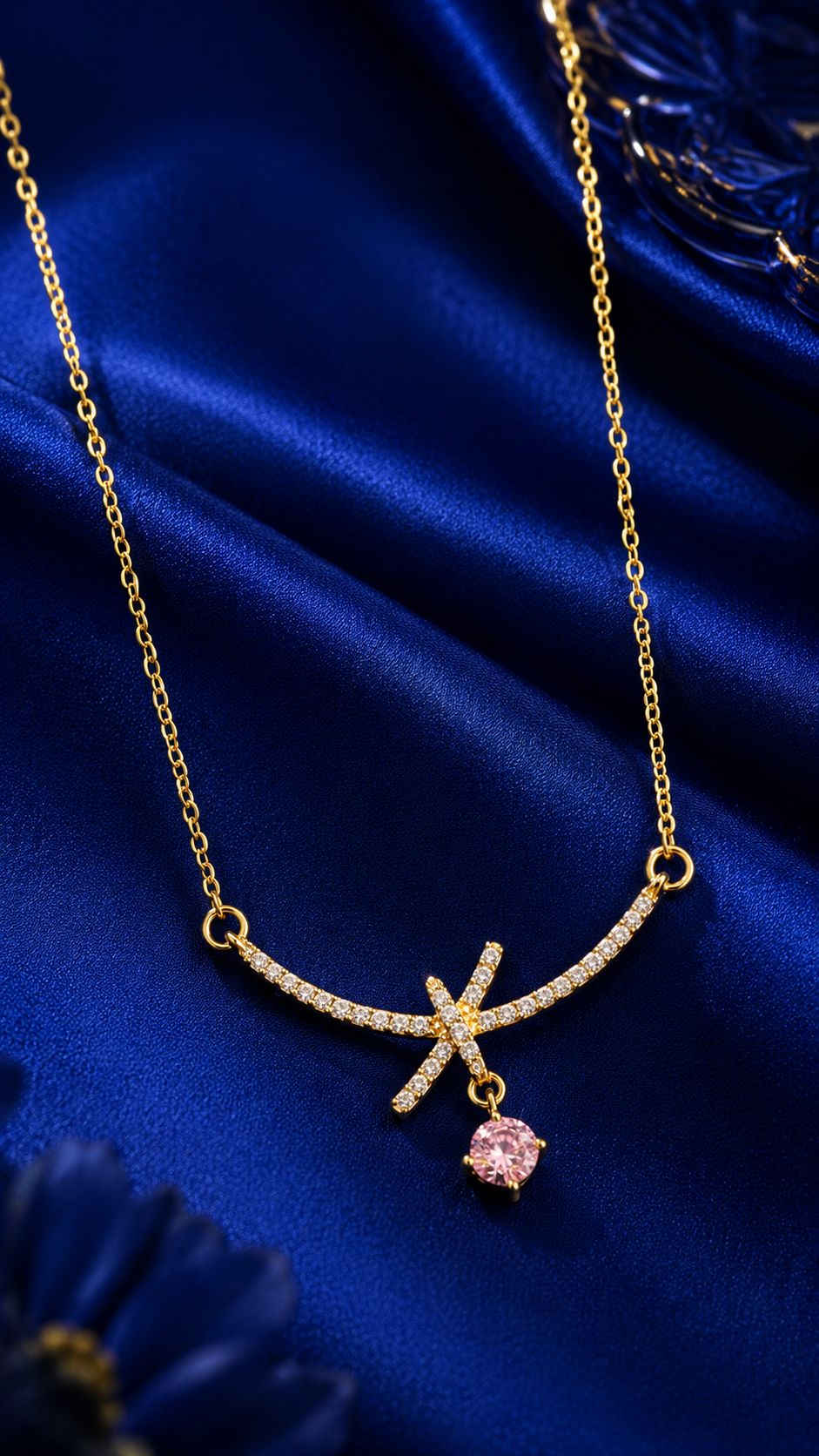 Lumière Bow Pink  – 316L Anti Tarnish AD Necklace