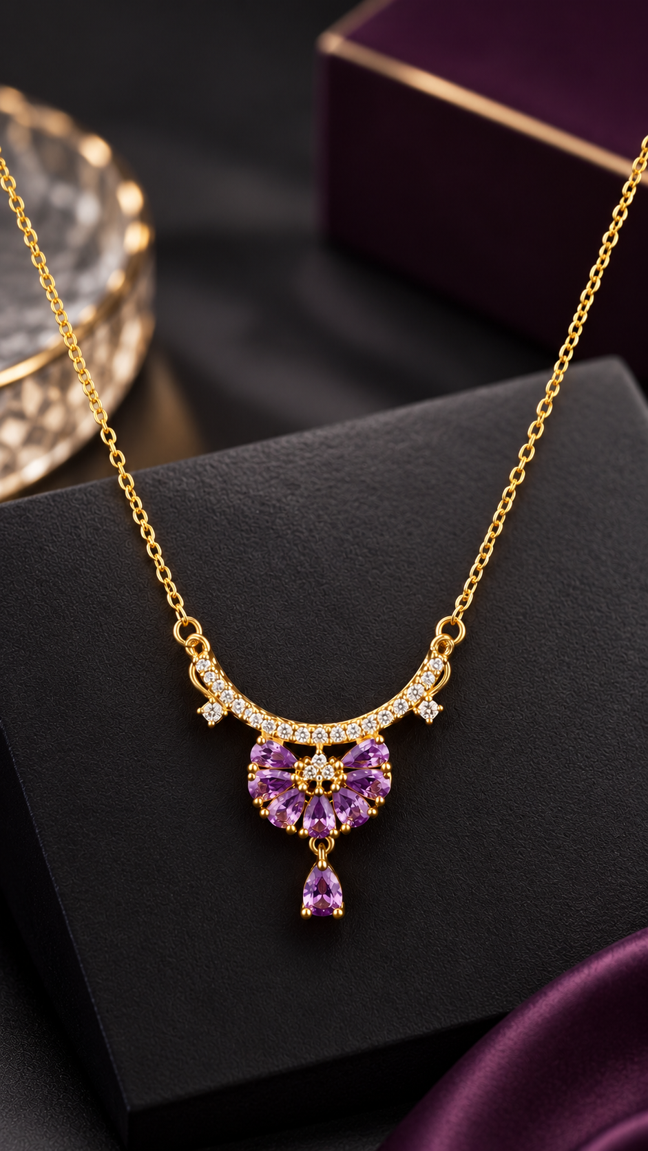 Purple Crystal 316L Anti Tarnish AD Necklace