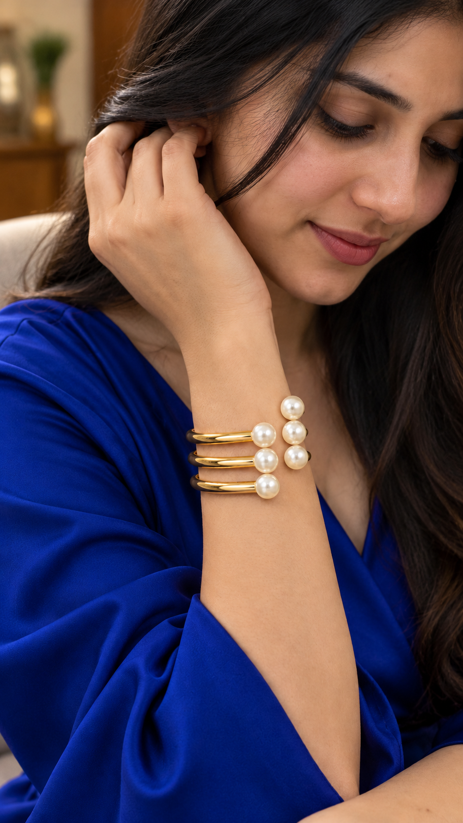 Pearl Trio Gold-Tone 316L Anti Tarnish Open Cuff Bracelet