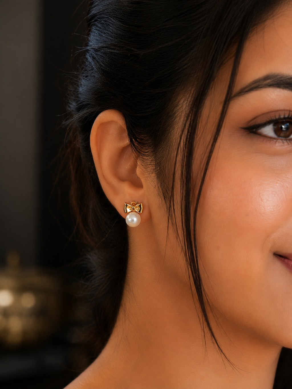 Pearl Bow 316L Anti Tarnish Gold Stud Earrings