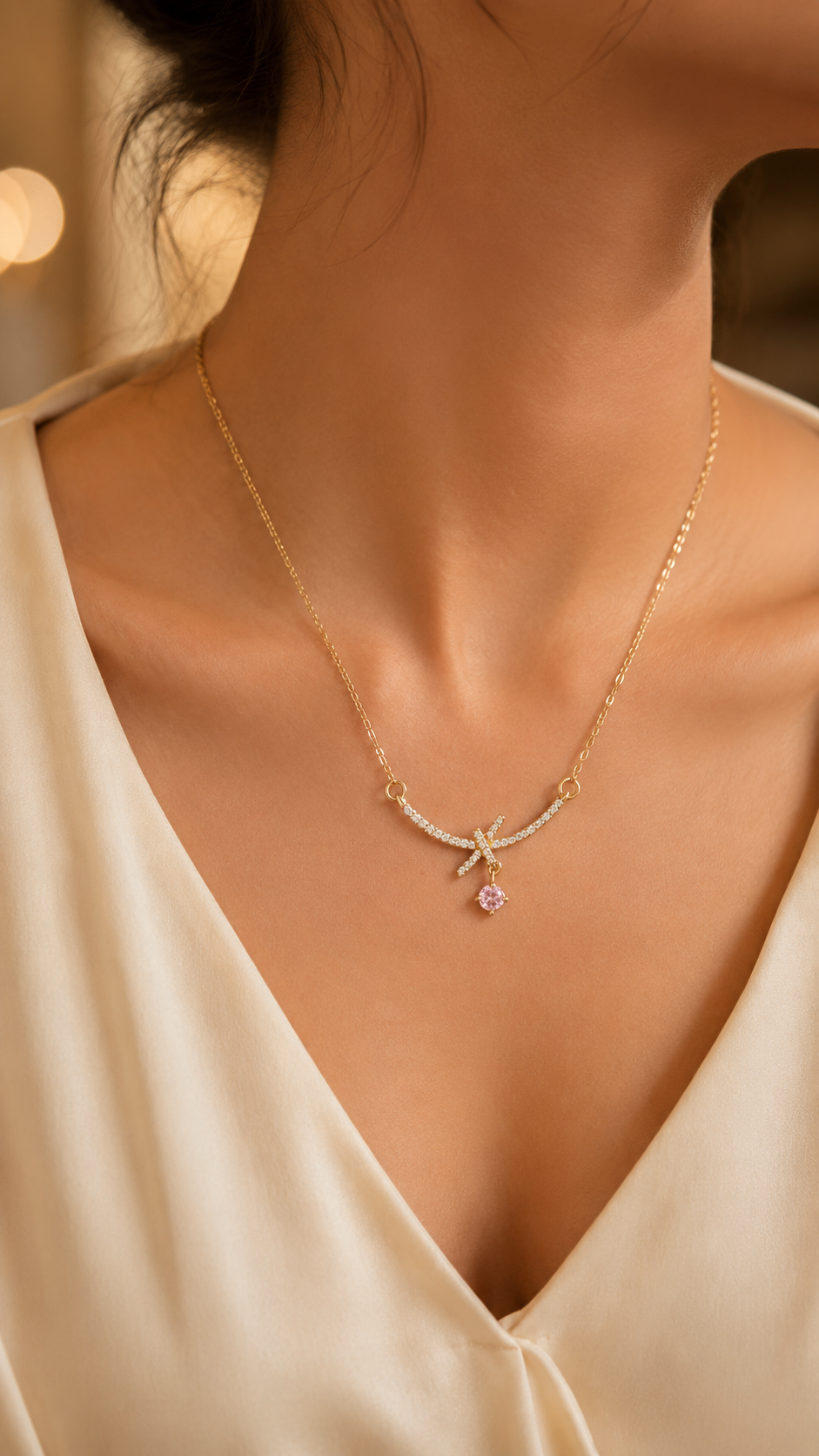 Lumière Bow Pink  – 316L Anti Tarnish AD Necklace