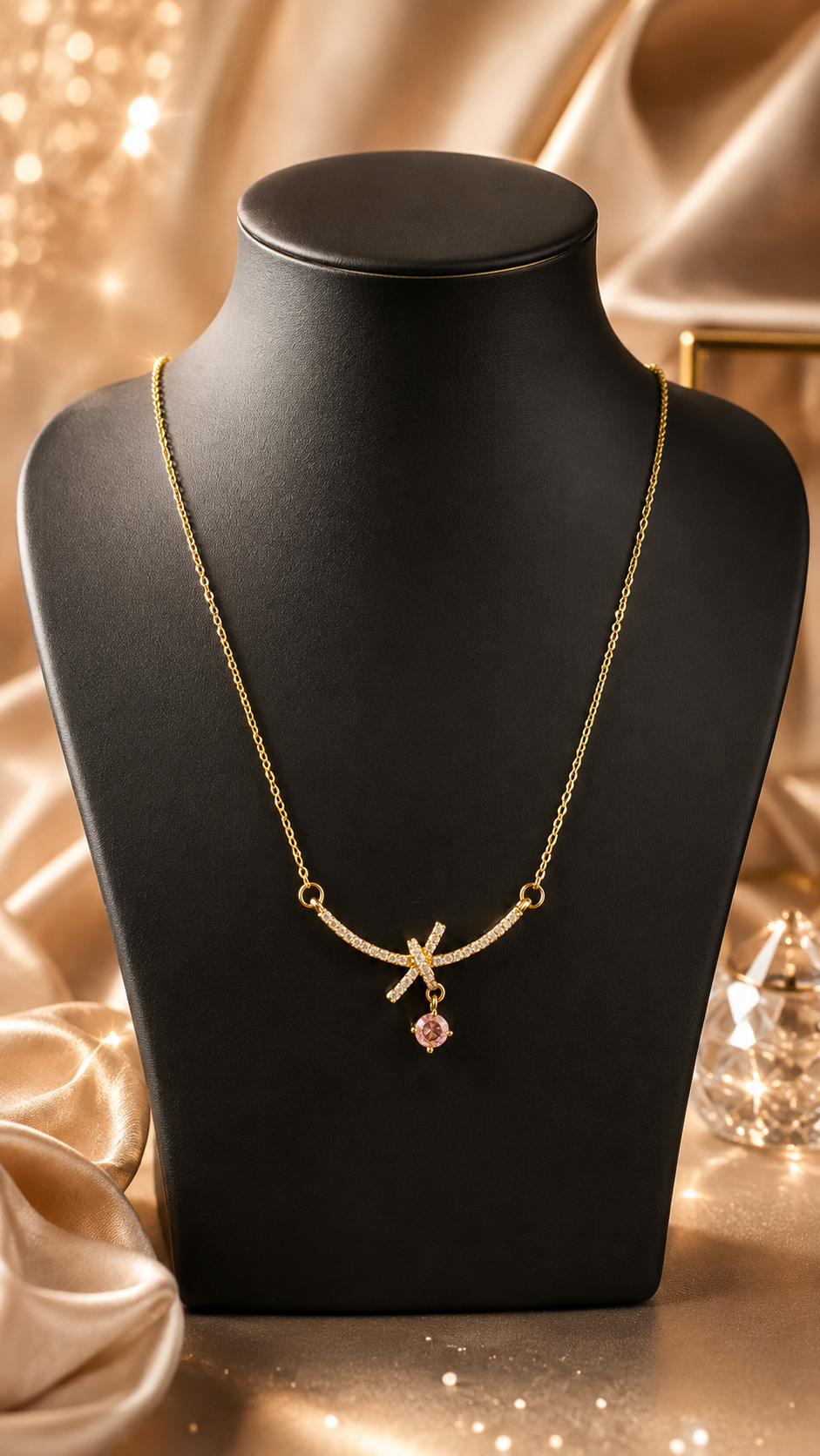 Lumière Bow Pink  – 316L Anti Tarnish AD Necklace