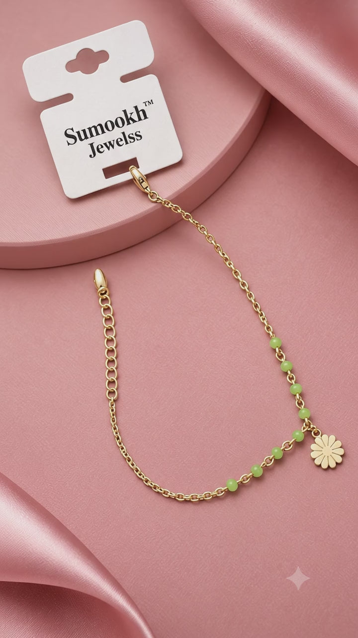 316L Anti-Tarnish Floral Charm Chain Bracelet with Green Beads