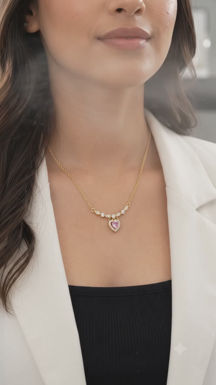 Pink Heart Pendant 316L Anti-Tarnish AD Necklace