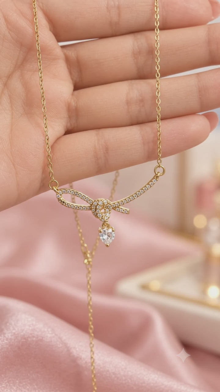 Golden Bow Heart Drop 316L Anti-Tarnish AD Necklace