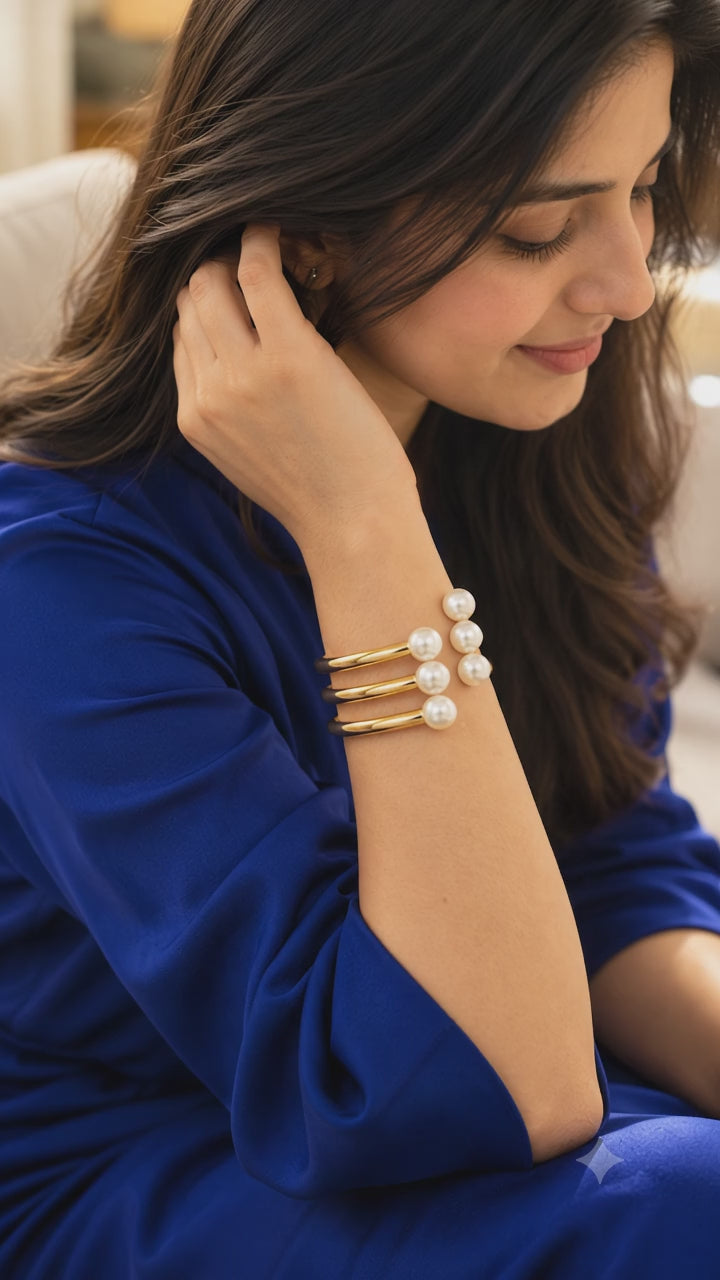 Pearl Trio Gold-Tone 316L Anti Tarnish Open Cuff Bracelet