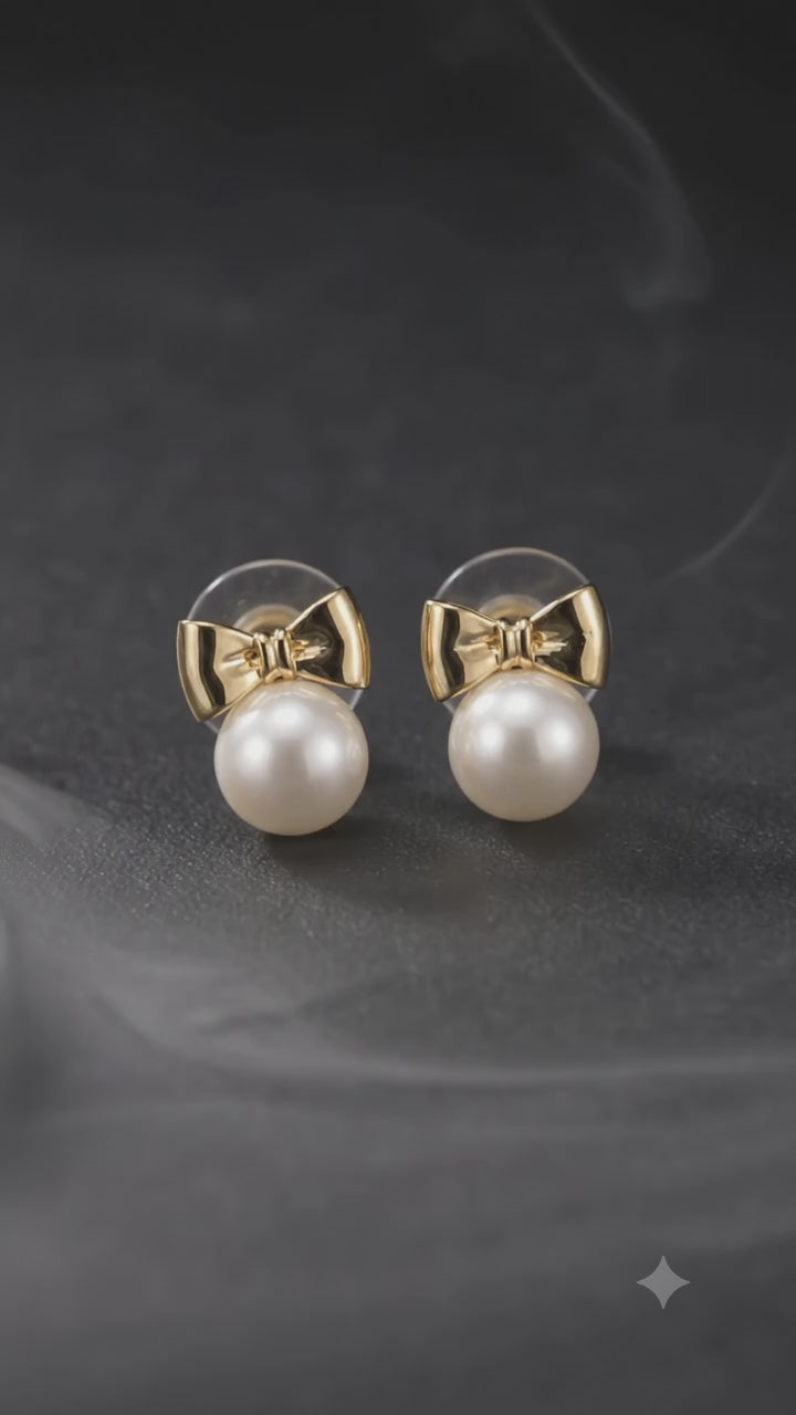 Pearl Bow 316L Anti Tarnish Gold Stud Earrings